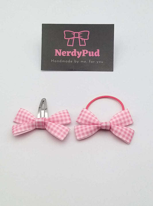 Mini Pink Check Ribbon Hair Bow