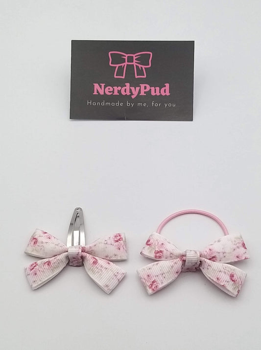 Mini White and Pink Flower Ribbon Hair Bow