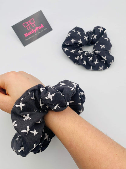 Grey and White Crosses Jersey Scrunchie