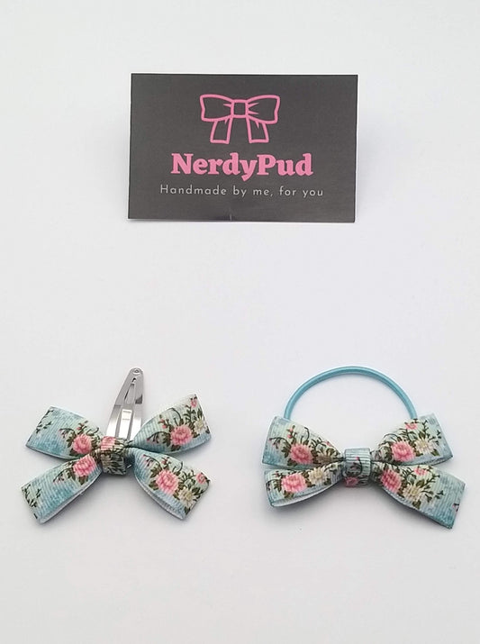 Mini Blue and Pink Flower Ribbon Hair Bow